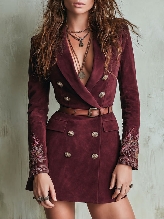 Burgundy Suede Double-Breasted Blazer Dress with Embroidered Cuffs