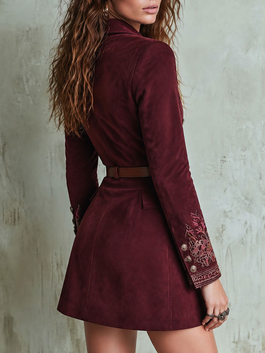 Burgundy Suede Double-Breasted Blazer Dress with Embroidered Cuffs