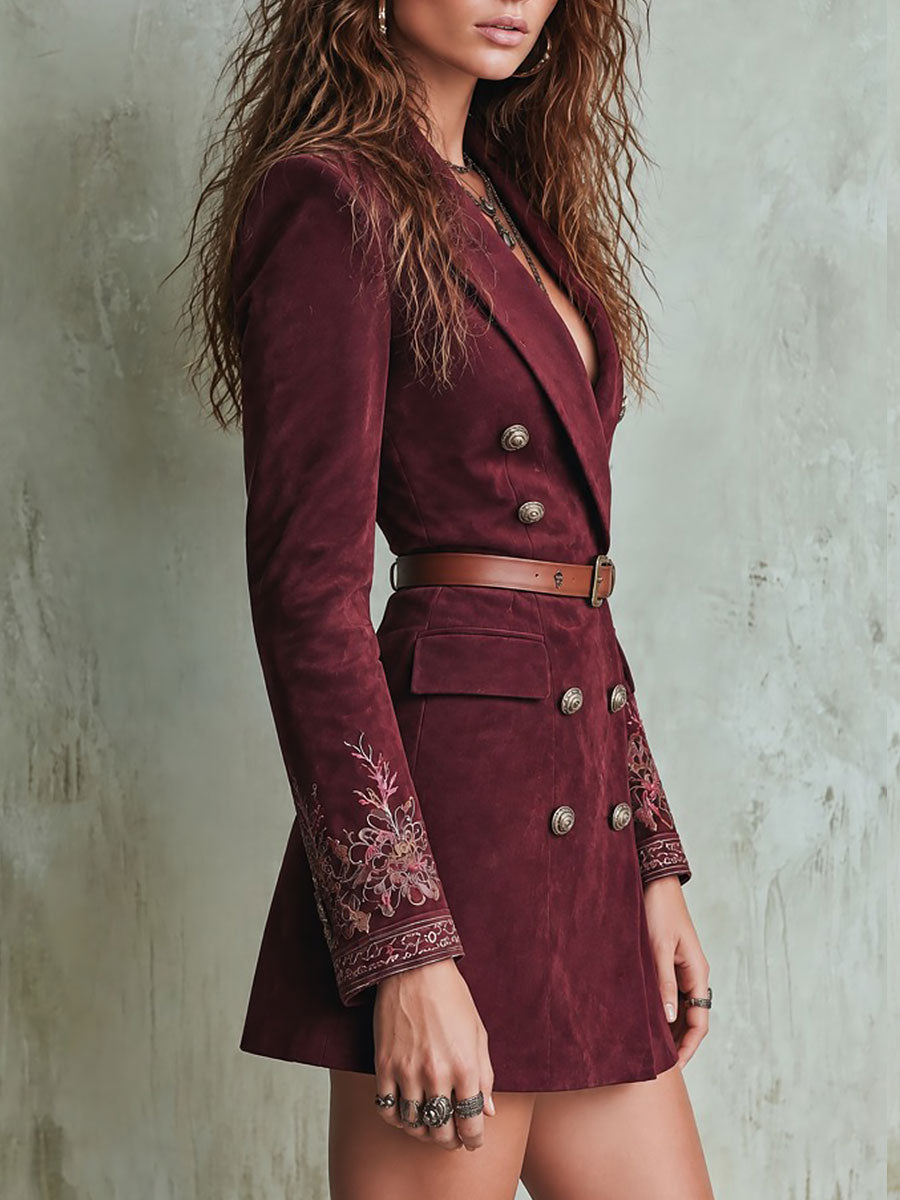 Burgundy Suede Double-Breasted Blazer Dress with Embroidered Cuffs