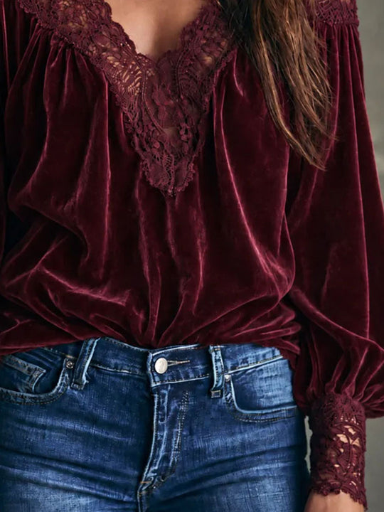 Boho Deep V Lace Trim Burgundy Velvet Blouse