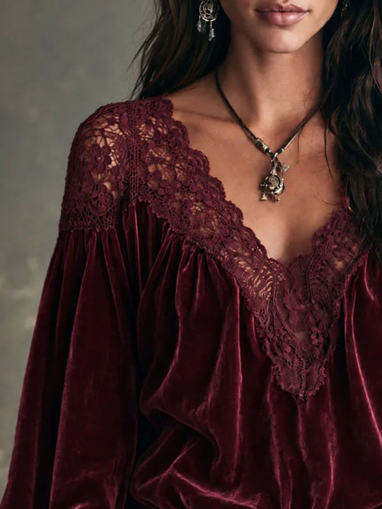 Boho Deep V Lace Trim Burgundy Velvet Blouse