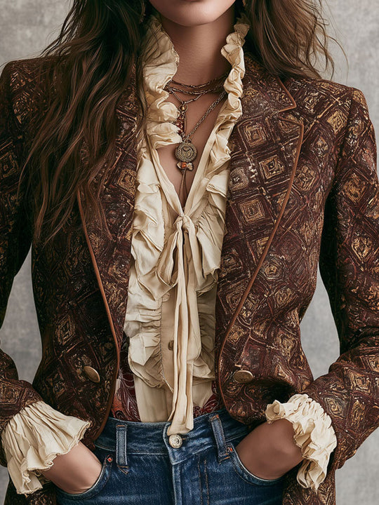 Vintage 70s Dark Brown Geo Print Double-breasted Blazer