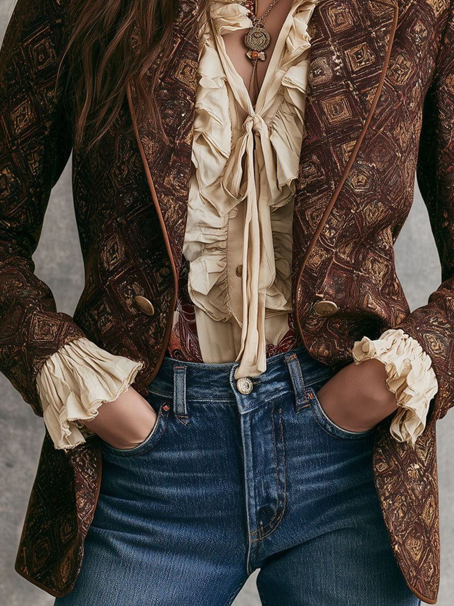 Vintage 70s Dark Brown Geo Print Double-breasted Blazer