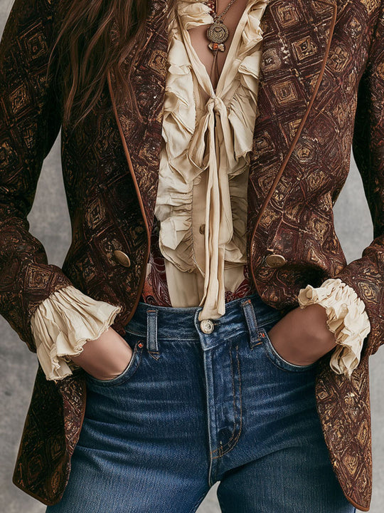 Vintage 70s Dark Brown Geo Print Double-breasted Blazer