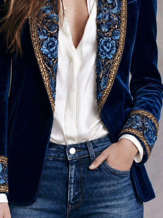 Luxury Boho Blue Floral Embroidery Velvet Shawl Collar Blazer Beaded Trim