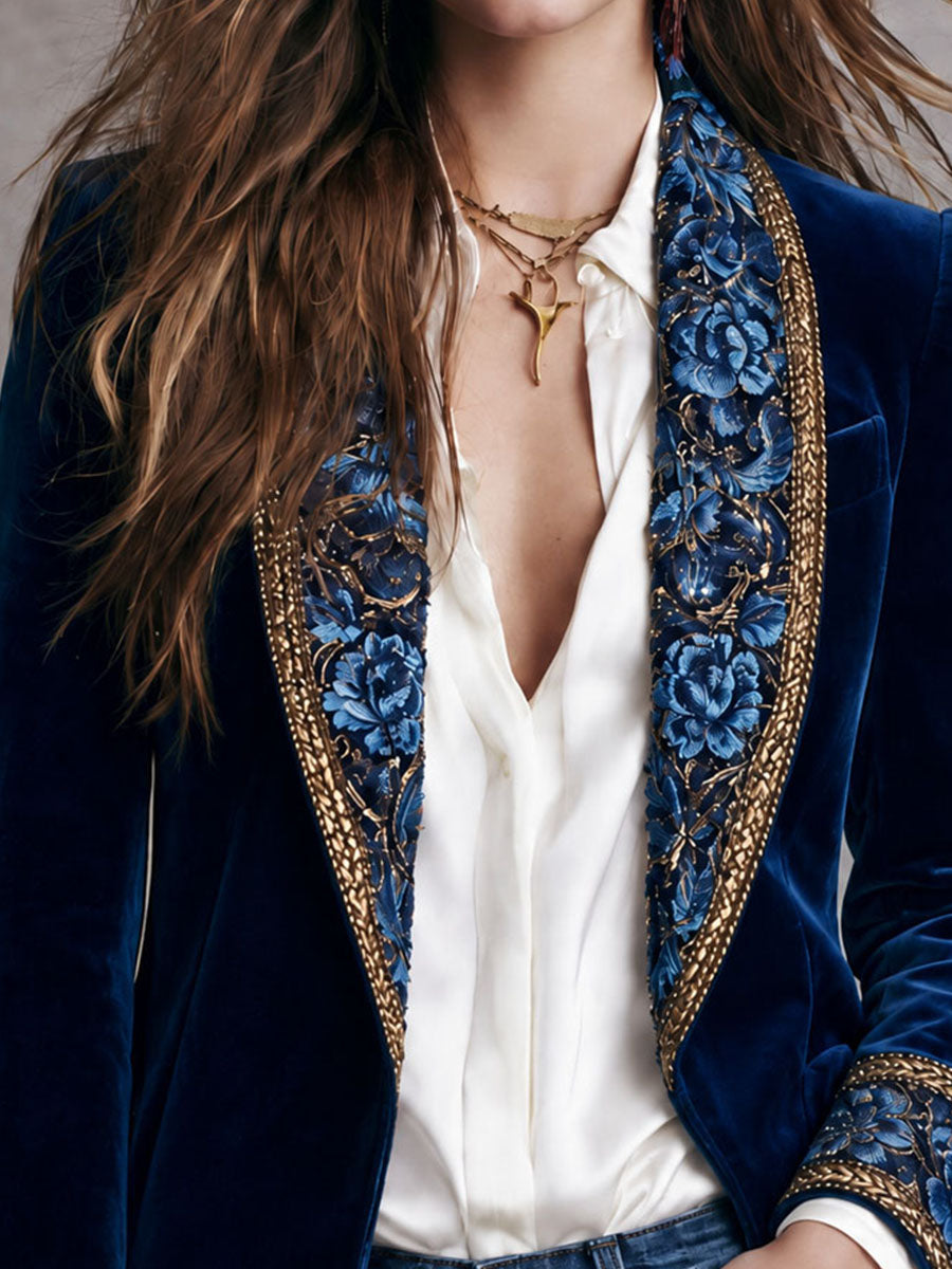 Luxury Boho Blue Floral Embroidery Velvet Shawl Collar Blazer Beaded Trim