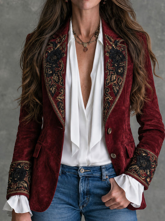 Vintage Shawl Lapel Ornate Floral Embroidery Microsuede Blazer