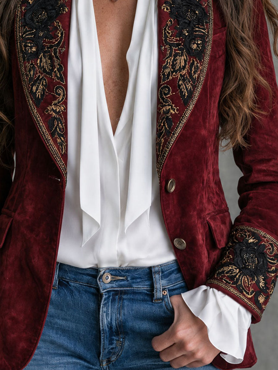 Vintage Shawl Lapel Ornate Floral Embroidery Microsuede Blazer
