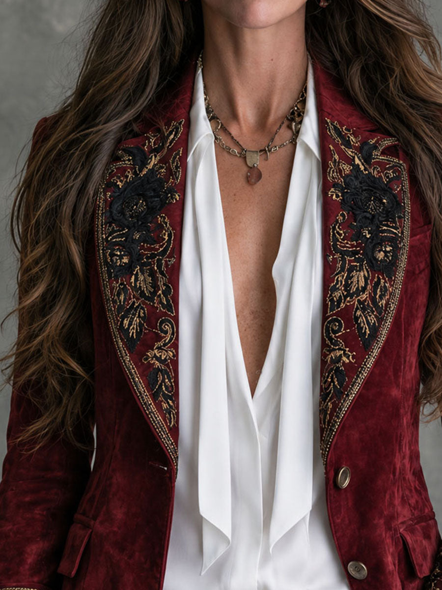 Vintage Shawl Lapel Ornate Floral Embroidery Microsuede Blazer