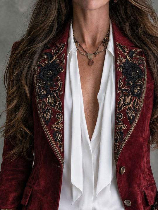 Vintage Shawl Lapel Ornate Floral Embroidery Microsuede Blazer