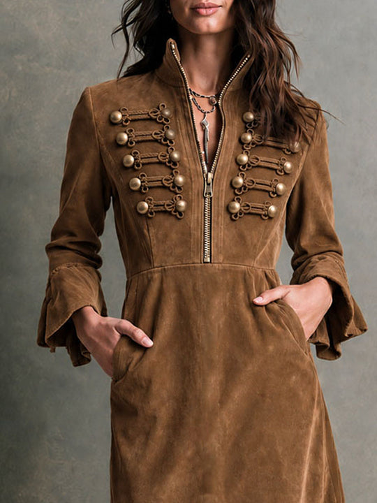 Women's Military Style Suede Midi Dress with Brass Button Trim & Ruffle Hem