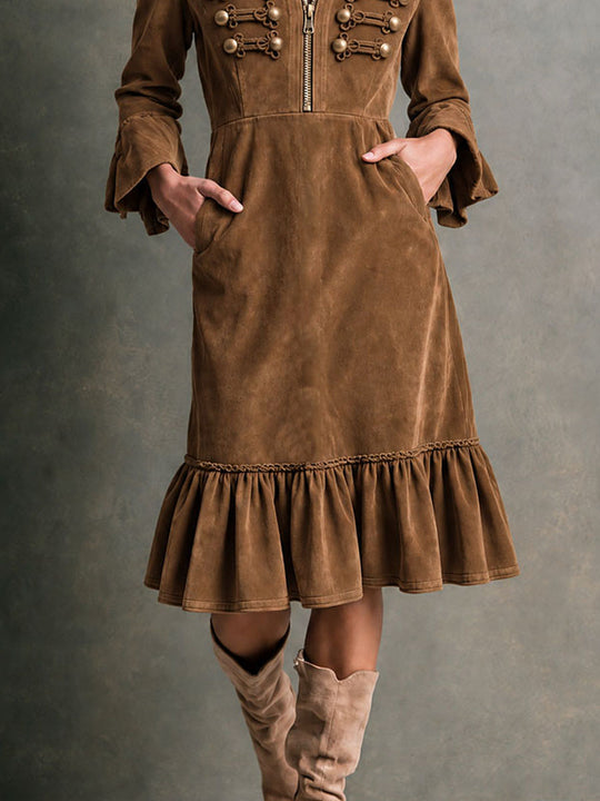 Women's Military Style Suede Midi Dress with Brass Button Trim & Ruffle Hem