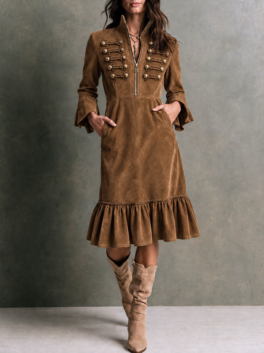 Women's Military Style Suede Midi Dress with Brass Button Trim & Ruffle Hem