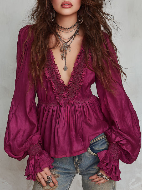 Boho V-neck Lantern Sleeves Tencel Blouse With Ruffles