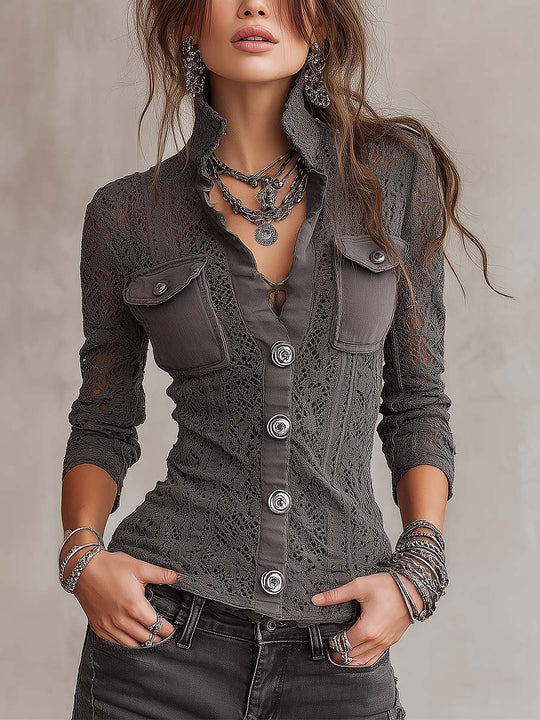 Vintage-style Bohemian Lace-panel Button-down Shirt