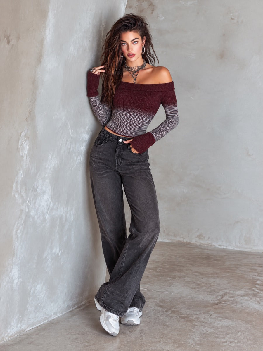 Off-Shoulder Ombre Striped Ribbed Knit Crop Top with Thumbhole Sleeves