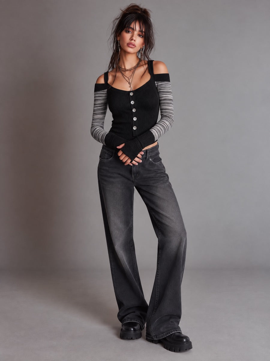 Off-Shoulder Ribbed Knit Top with Contrast Striped Sleeves