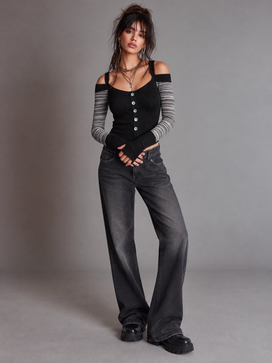 Off-Shoulder Ribbed Knit Top with Contrast Striped Sleeves