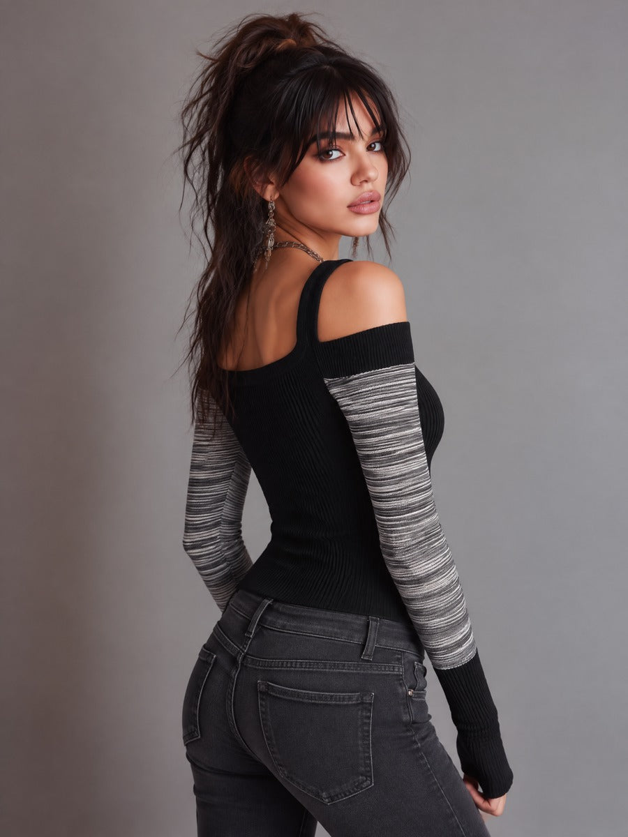 Off-Shoulder Ribbed Knit Top with Contrast Striped Sleeves