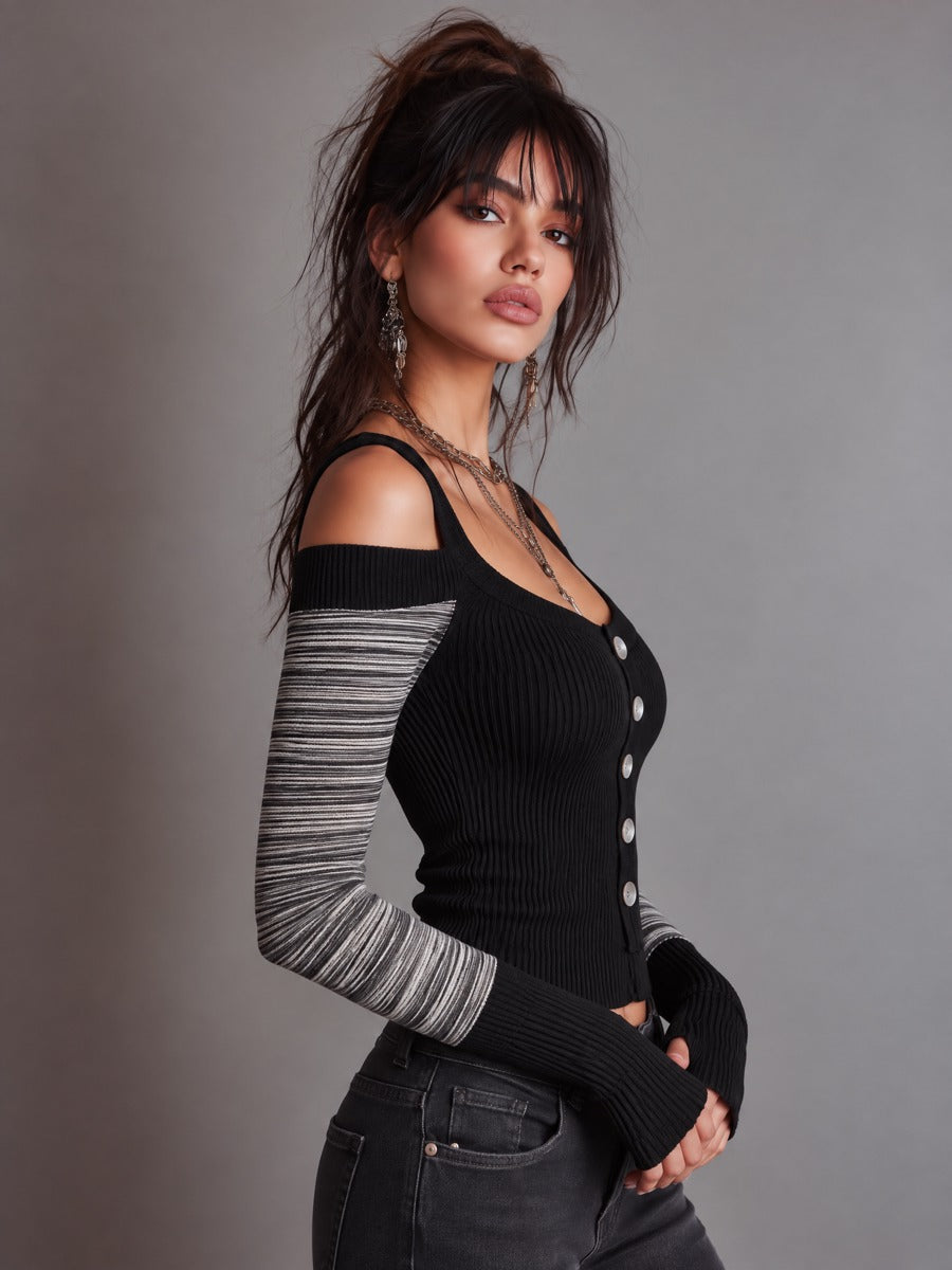 Off-Shoulder Ribbed Knit Top with Contrast Striped Sleeves