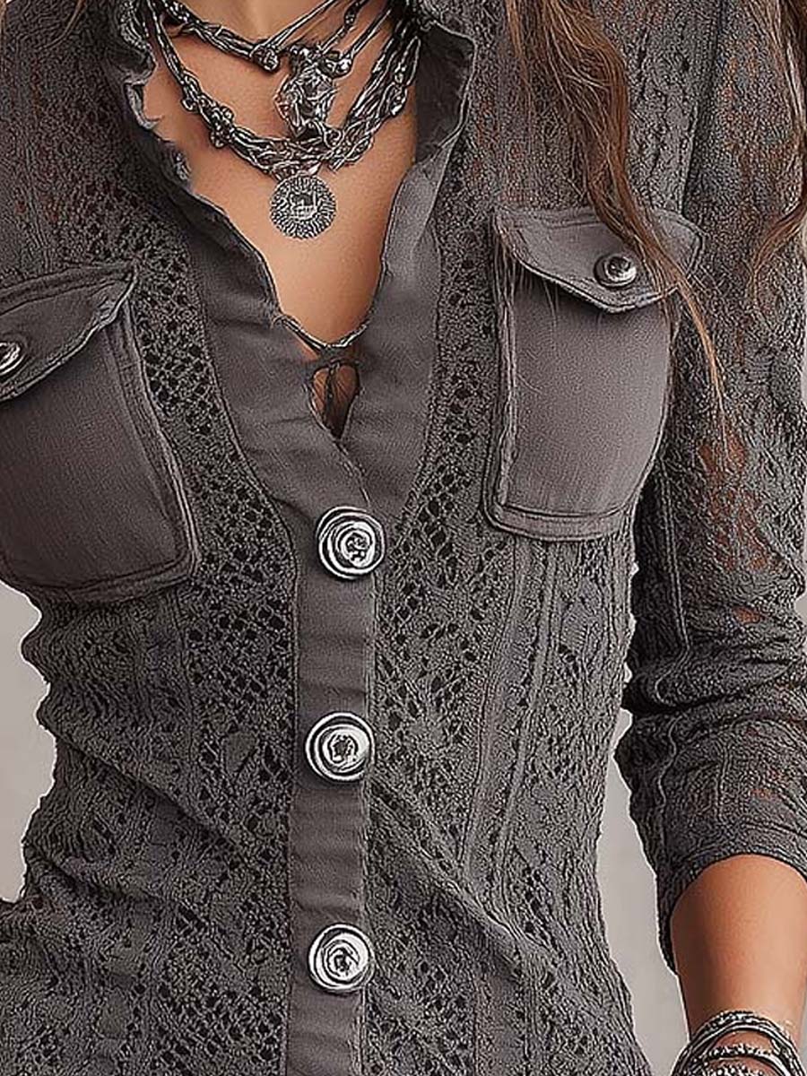 Vintage-style Bohemian Lace-panel Button-down Shirt