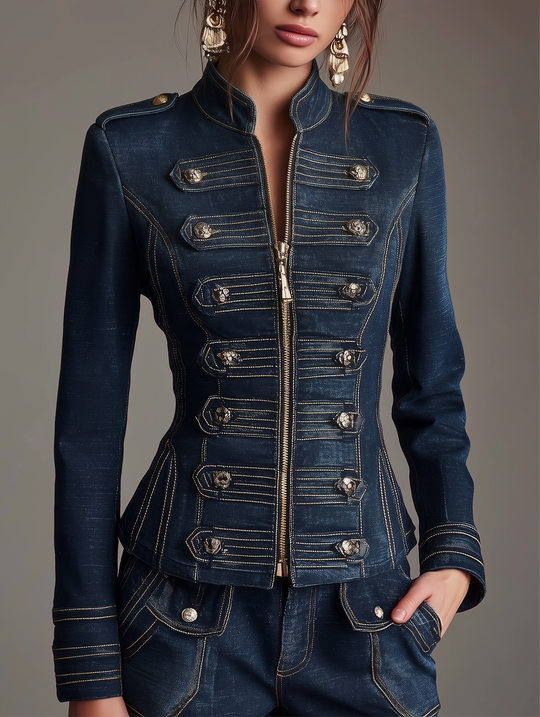 Women's Military Style Denim Jacket With Gold Trims And Buttons