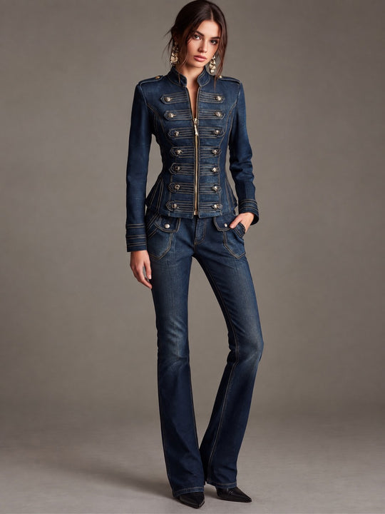 Women's Military Style Denim Jacket With Gold Trims And Buttons