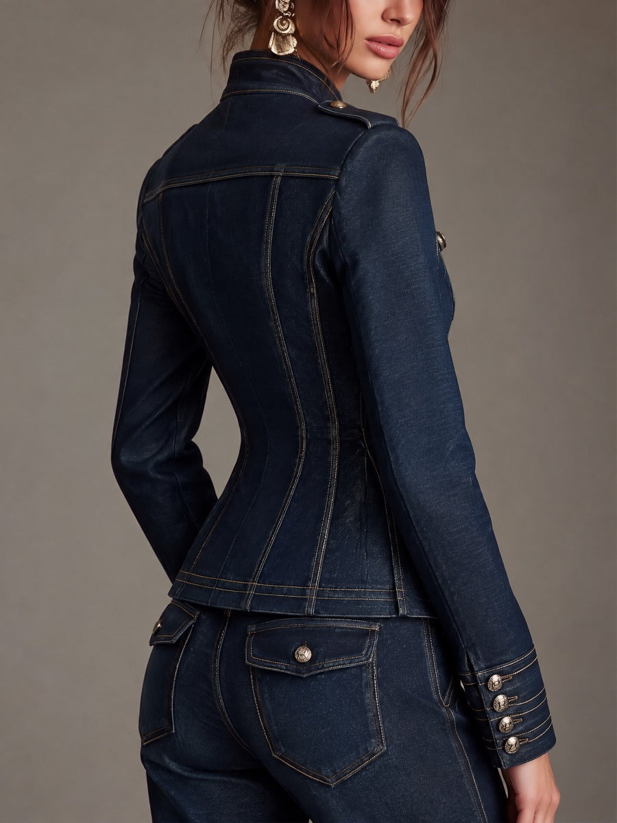 Women's Military Style Denim Jacket With Gold Trims And Buttons