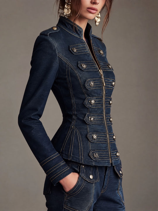 Women's Military Style Denim Jacket With Gold Trims And Buttons
