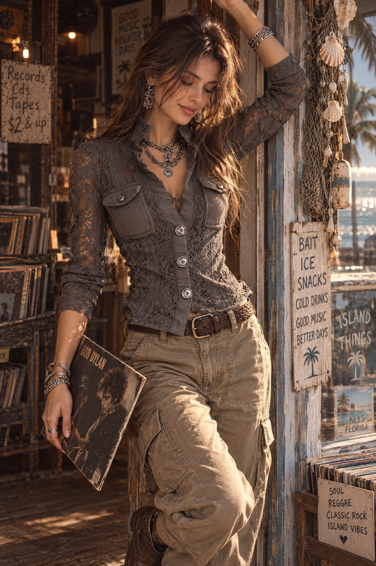 Vintage-style Bohemian Lace-panel Button-down Shirt