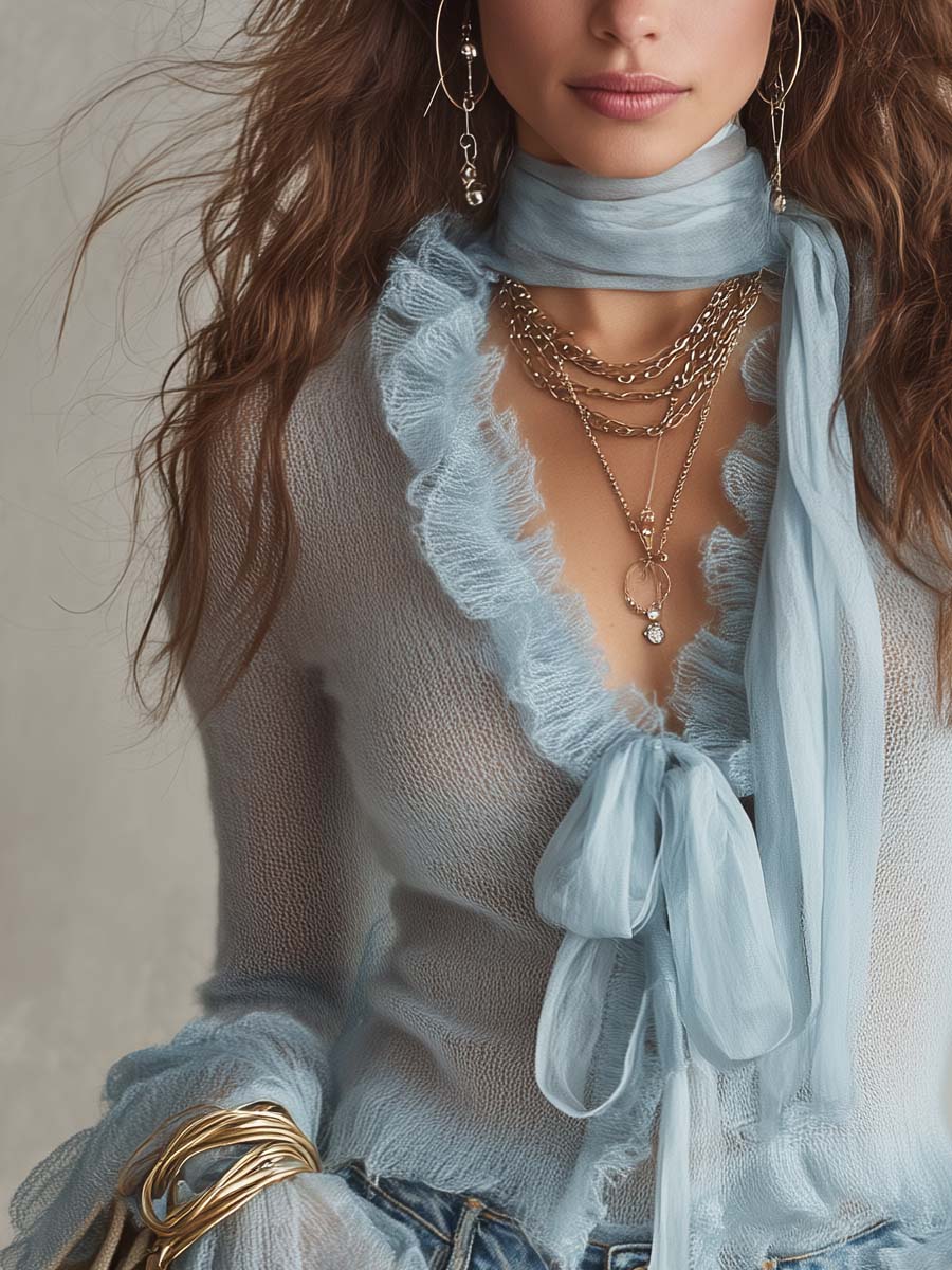 Vintage-style Tencel Blend Tie Ruffle Trim Mohair Sweater