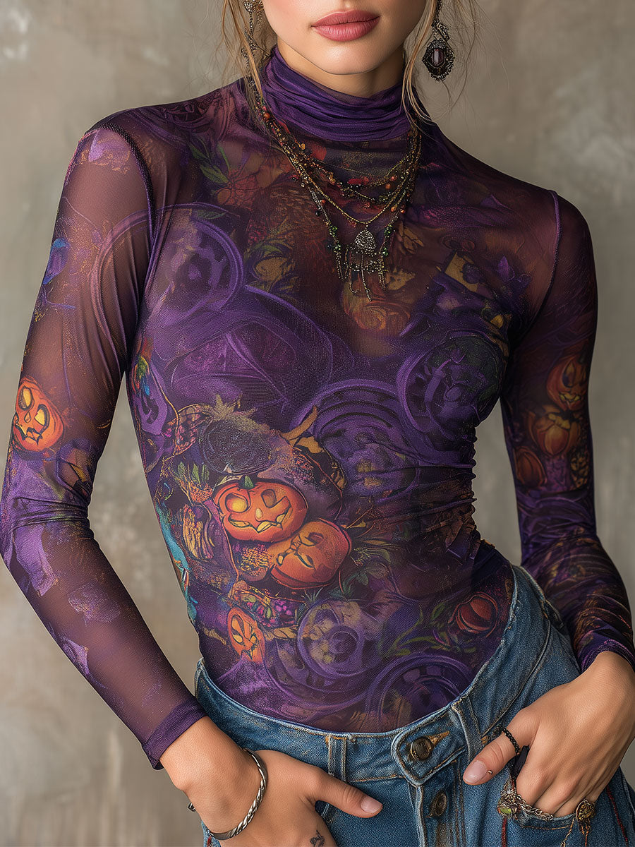 Halloween Printed Mesh Long-Sleeve T-Shirt