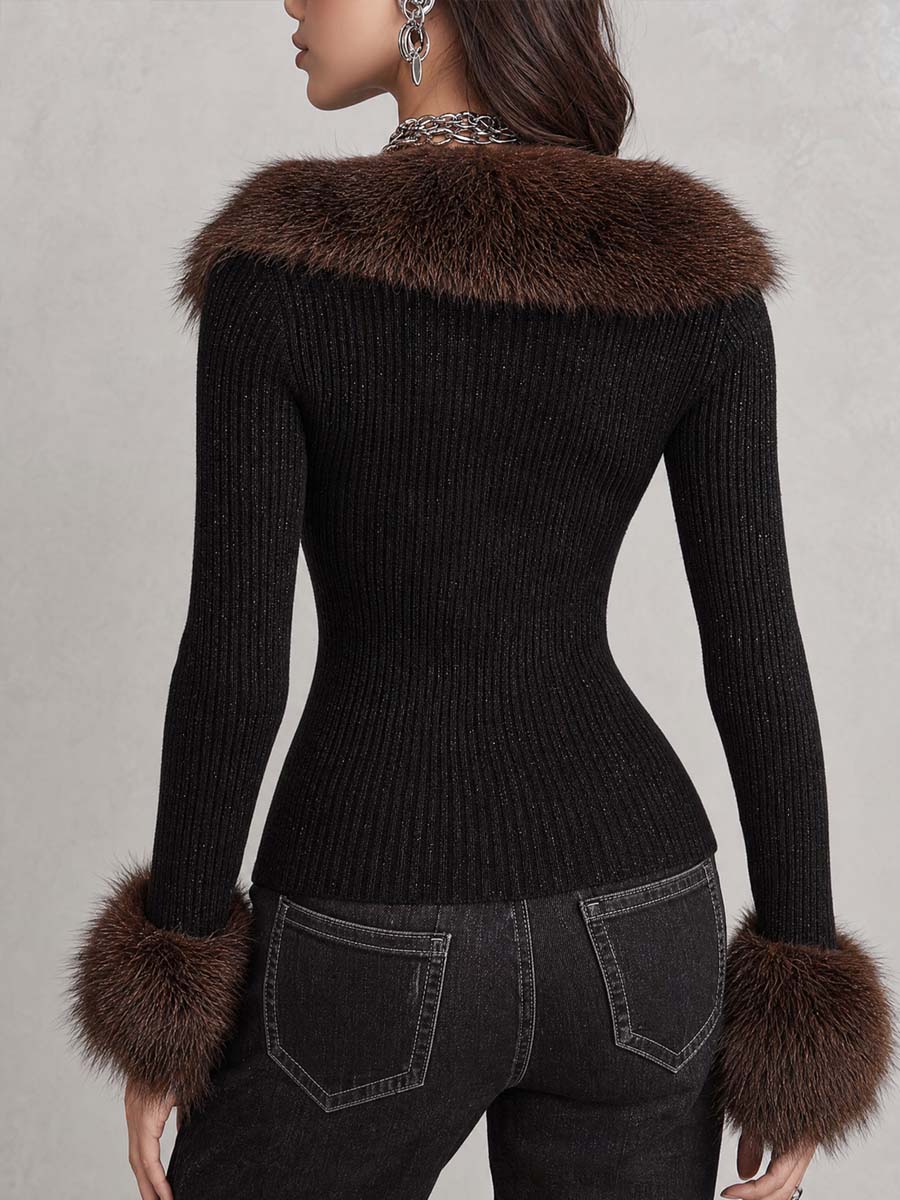 Metallic-blend Knit Cardigan With Faux-fur Collar And Cuffs
