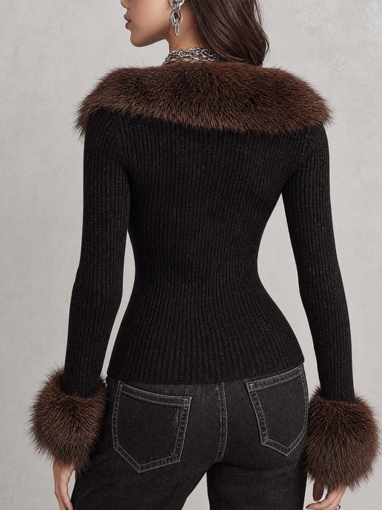 Metallic-blend Knit Cardigan With Faux-fur Collar And Cuffs