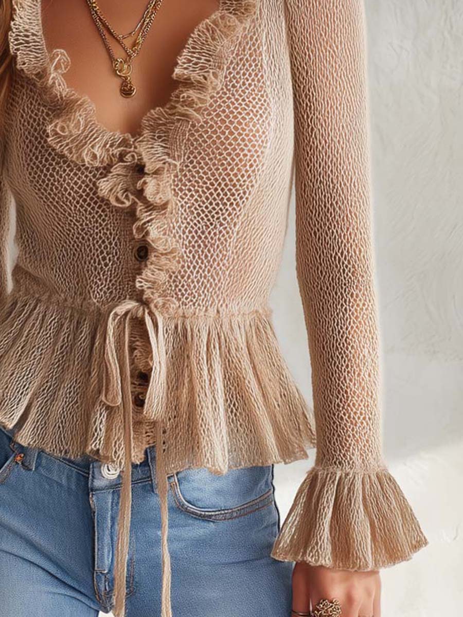 Ruffled Open-knit Sweater