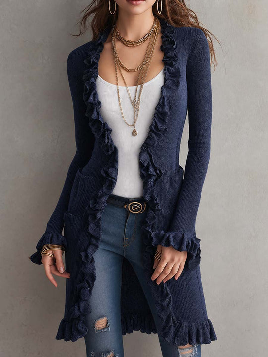 Ruffled Mid-length Knit Cardigan