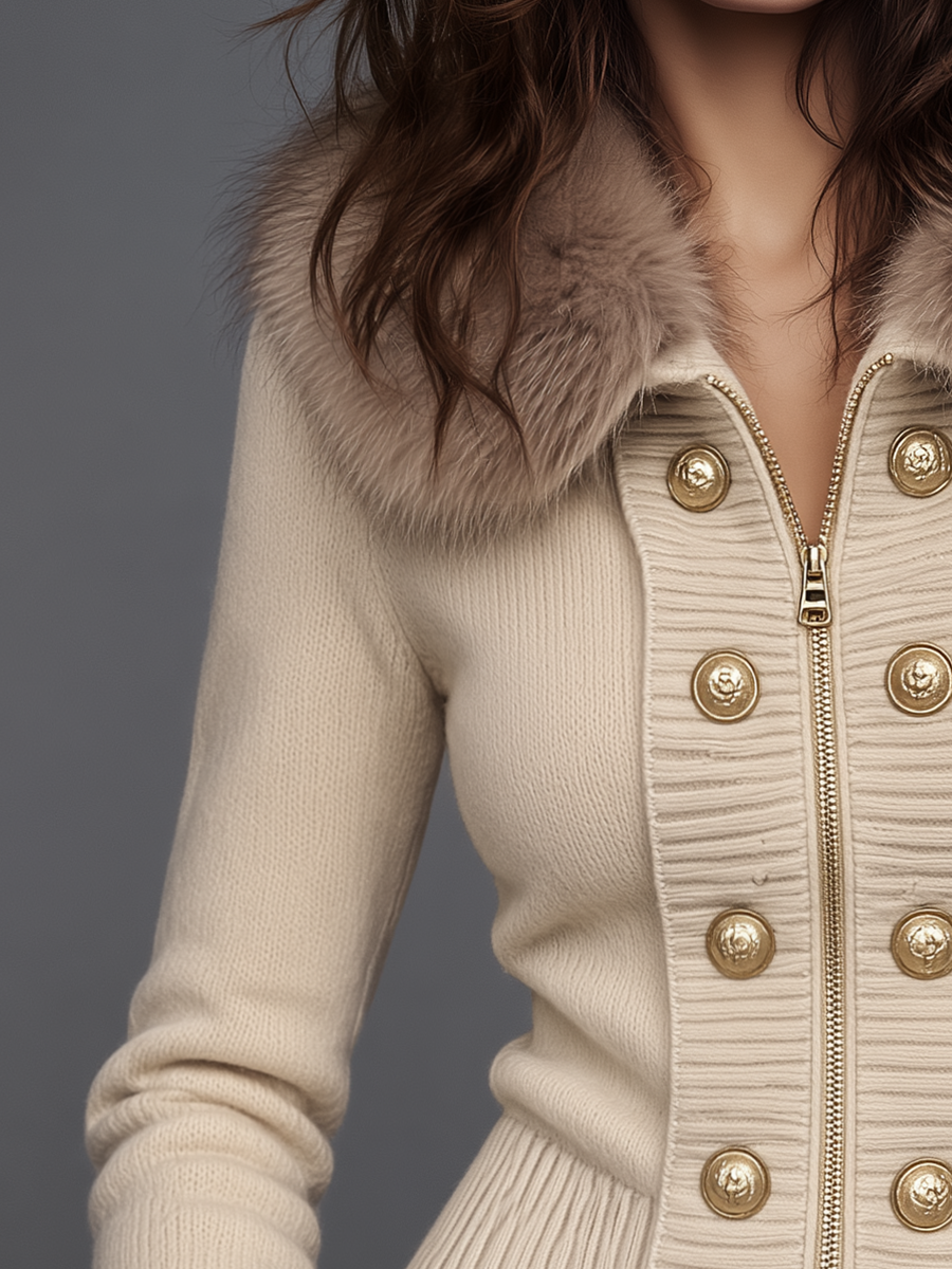 Classic Ivory Faux Fur Collar Zip Cardigan
