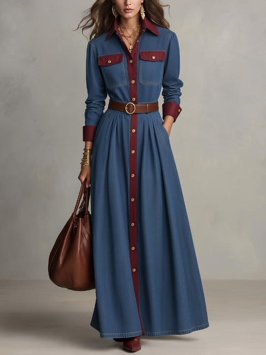 Vintage Blue Contrast Trim Belted Denim Maxi Dress