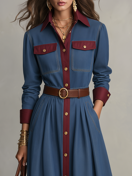 Vintage Blue Contrast Trim Belted Denim Maxi Dress