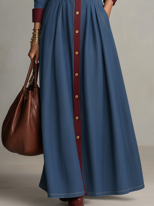 Vintage Blue Contrast Trim Belted Denim Maxi Dress