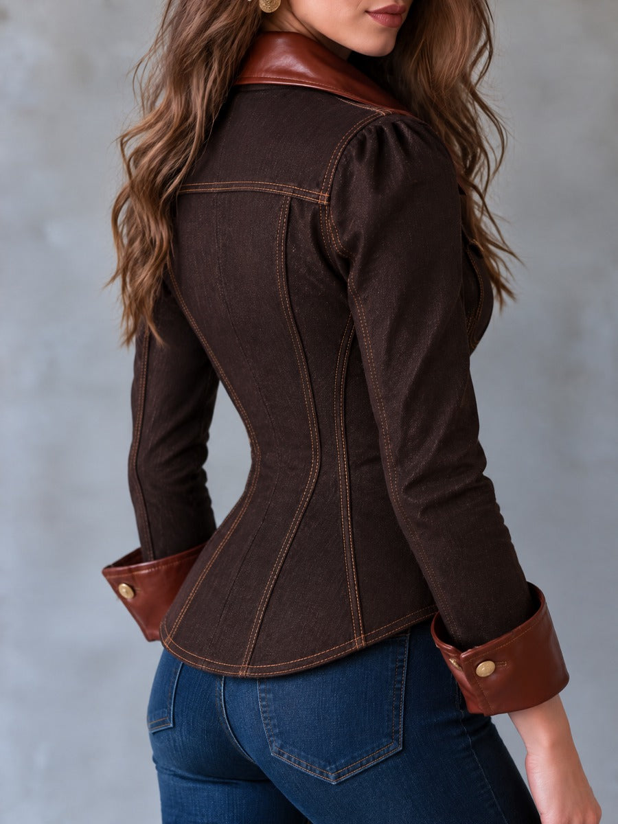 70s Retro Western Denim Hourglass Shirt Jacket With Faux Leather Cuff And Lapel