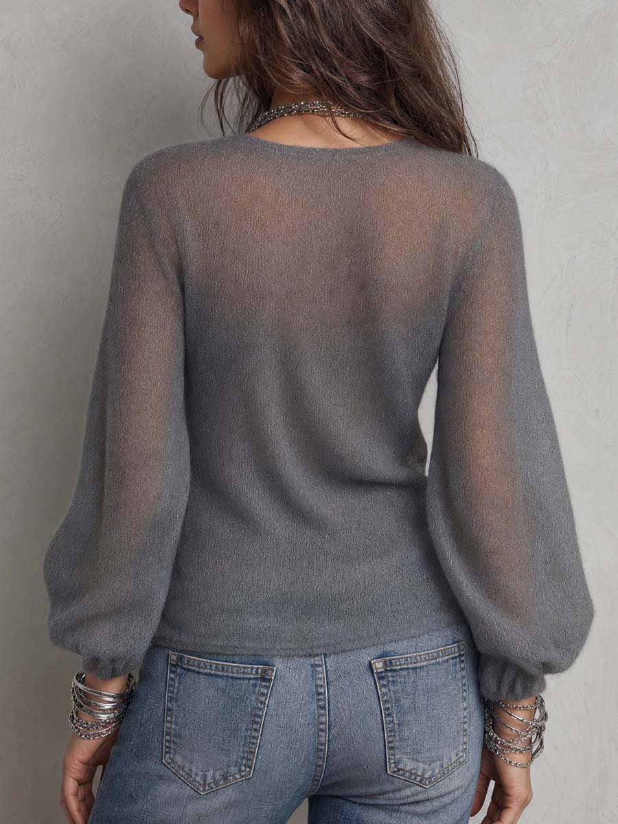 Women's Sheer Mohair Blouse With Long Lantern Sleeves