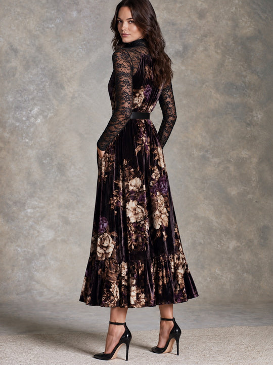 Vintage Oil Painting Flower Velvet Halter Neck Maxi Dress With Black Lace Sleeve