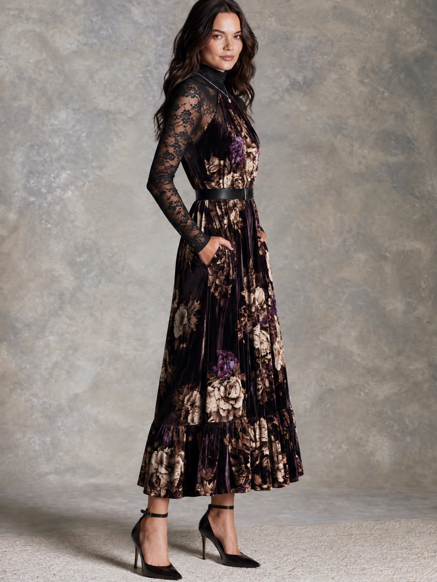 Vintage Oil Painting Flower Velvet Halter Neck Maxi Dress With Black Lace Sleeve