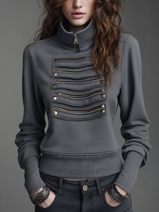 Modern Charcoal Multi-Zip Stand Collar Sweatshi