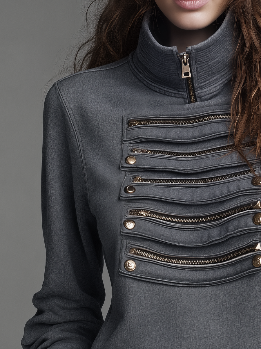 Modern Charcoal Multi-Zip Stand Collar Sweatshi