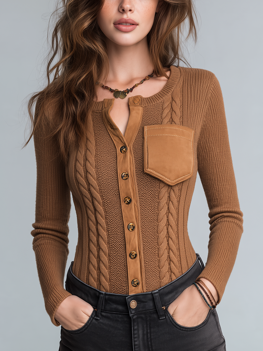 Vintage Camel Cable Knit Pocket Cardigan