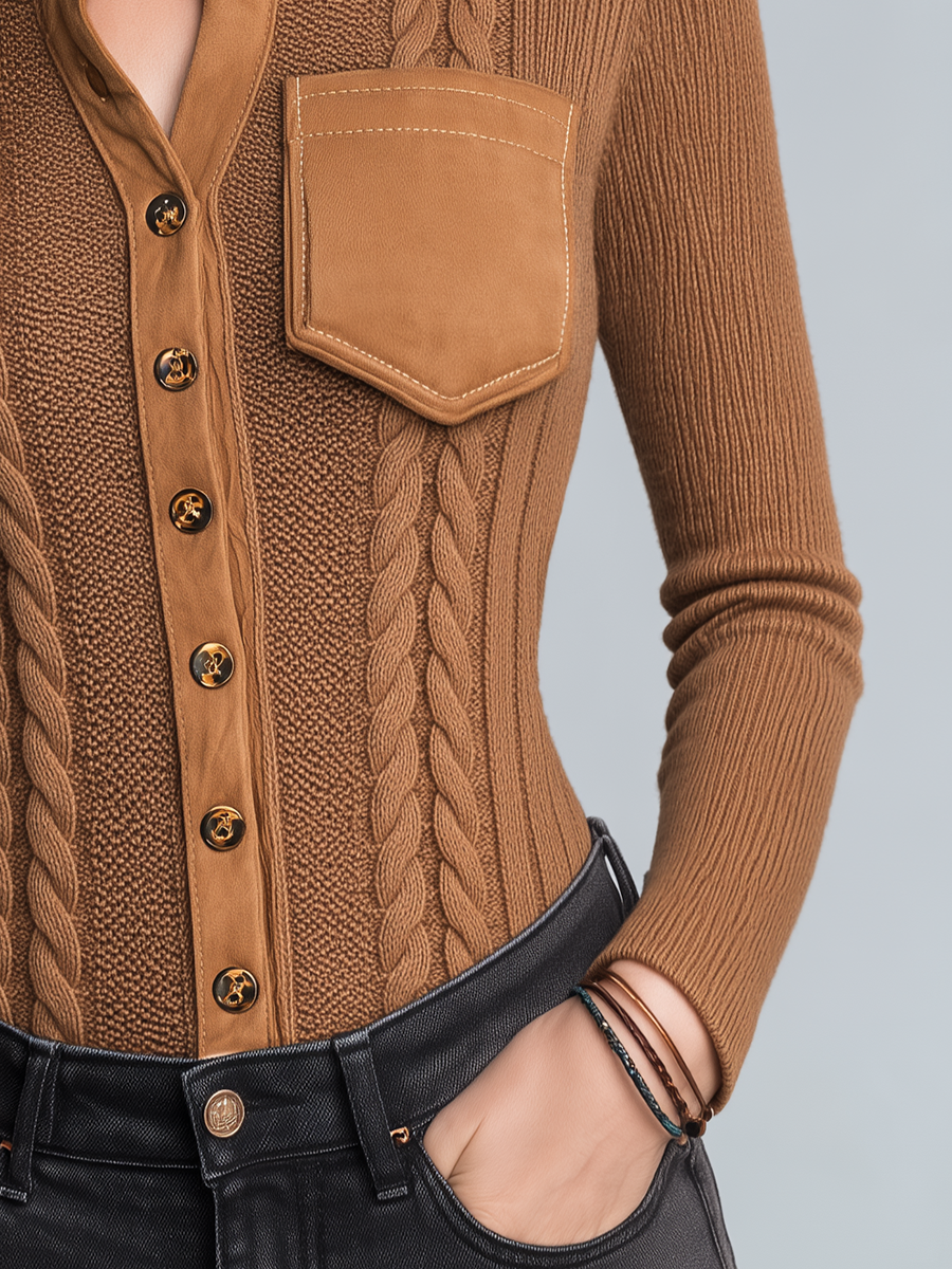 Vintage Camel Cable Knit Pocket Cardigan
