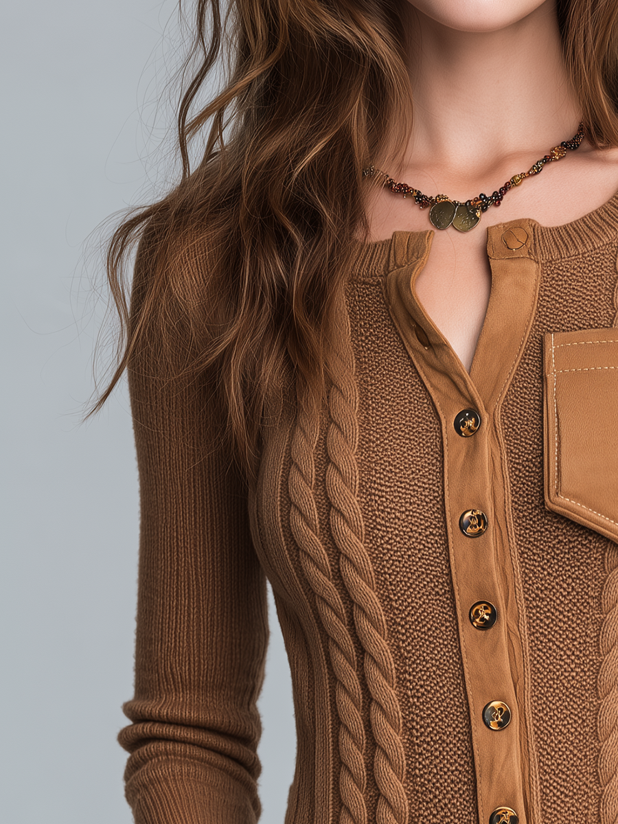 Vintage Camel Cable Knit Pocket Cardigan