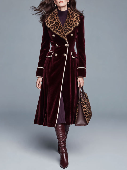 Retro Velvet Double-Breasted Midi Coat With Leopard Faux Fur Collar